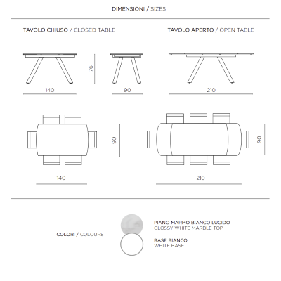 Table moderne TERENCE extensible jusqu'à 210 cm avec piètement en métal et plateau effet marbre blanc