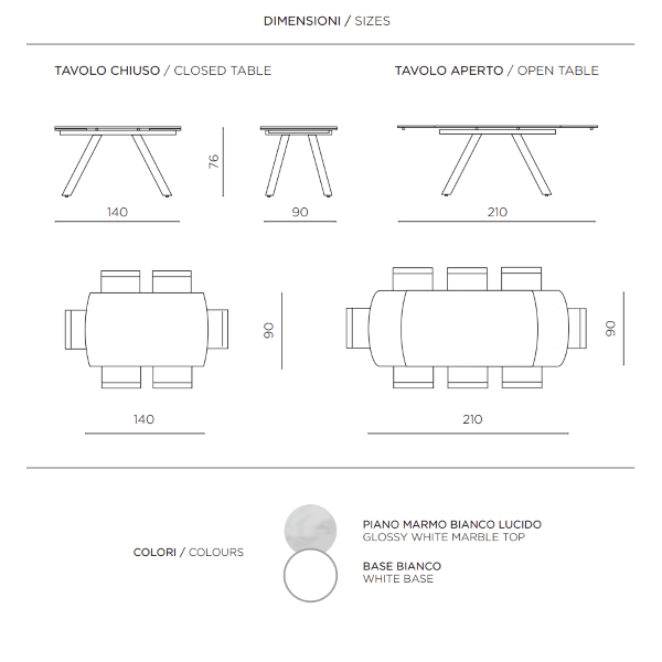 Table moderne TERENCE extensible jusqu'à 210 cm avec piètement en métal et plateau effet marbre blanc