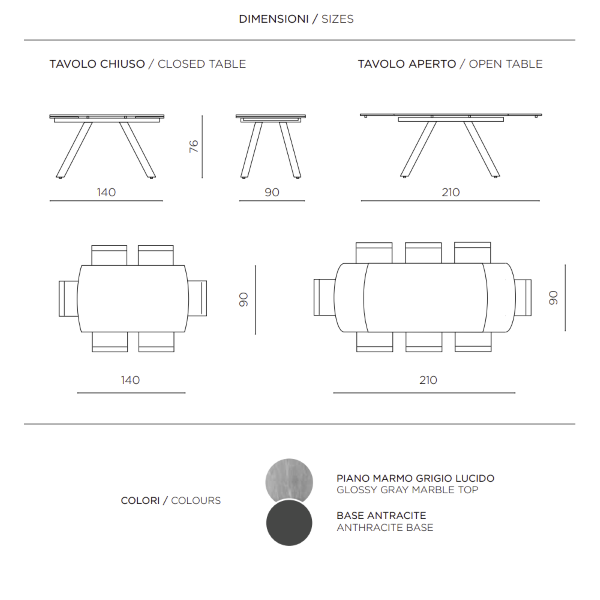 Table moderne TERENCE extensible jusqu'à 210 cm avec piètement en métal et plateau effet marbre gris