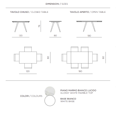 Tavolo con piano effetto Marmo Bianco base metallo allungabile fino a 180 cm ORESTE