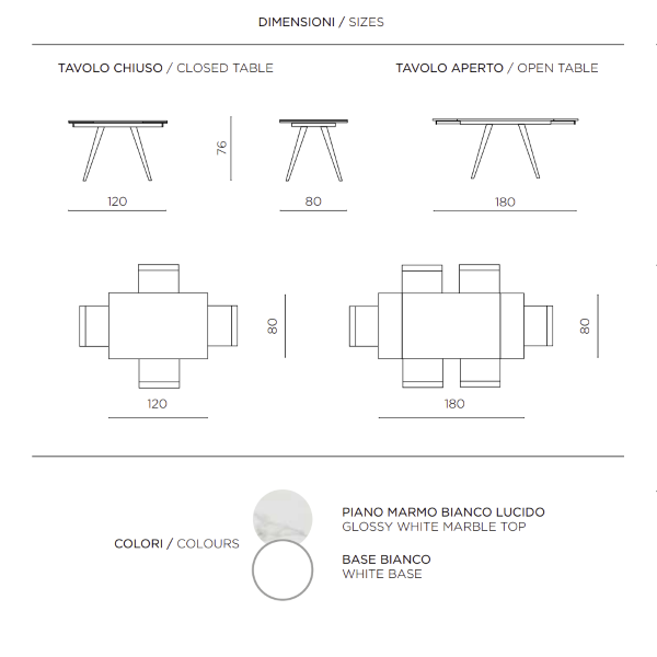 Tavolo con piano effetto Marmo Bianco base metallo allungabile fino a 180 cm ORESTE