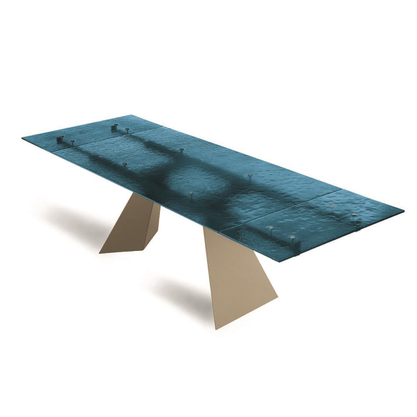 Mesa extensible WATERS 240 cm con base de metal Beige y tapa de cristal Azul