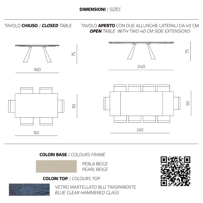 Mesa extensible WATERS 240 cm con base de metal Beige y tapa de cristal Azul