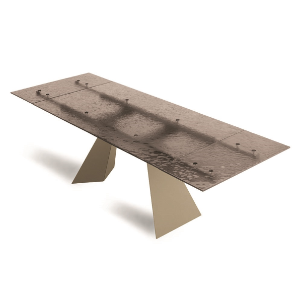 Table extensible WATERS 240 cm avec piètement en métal Beige et plateau en verre Bronze