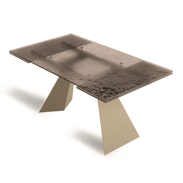 Table extensible WATERS 240 cm avec piètement en métal Beige et plateau en verre Bronze