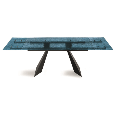 Mesa extensible WATERS de 240 cm con base de metal negro y tapa de cristal azul