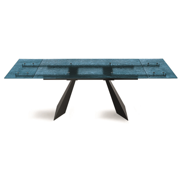 Mesa extensible WATERS de 240 cm con base de metal negro y tapa de cristal azul