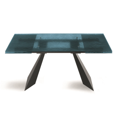 Mesa extensible WATERS de 240 cm con base de metal negro y tapa de cristal azul