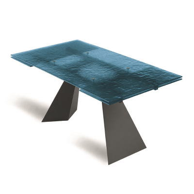 Mesa extensible WATERS de 240 cm con base de metal negro y tapa de cristal azul