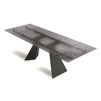 Table extensible WATERS 240 cm avec piètement en métal noir et plateau en verre fumé