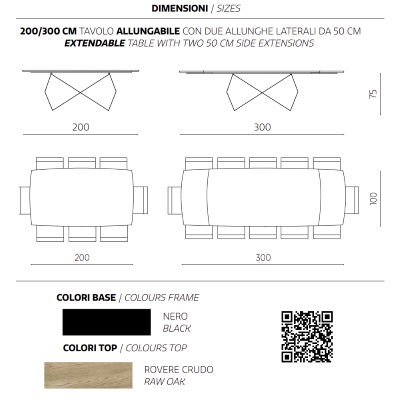 Ausziehbarer Tisch 300 cm mit schwarzem Metallgestell und WALL-Platte aus roher Eiche