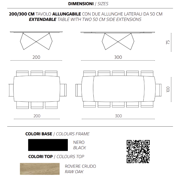 Ausziehbarer Tisch 300 cm mit schwarzem Metallgestell und WALL-Platte aus roher Eiche
