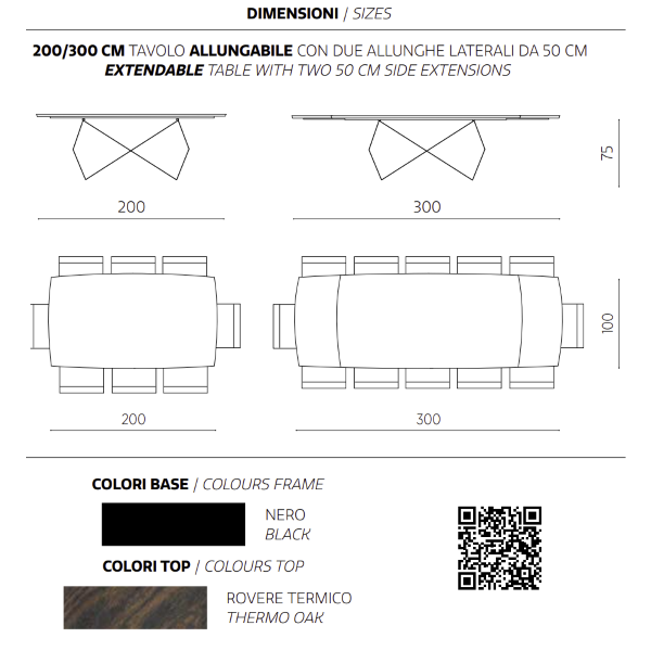 Ausziehbarer Tisch 300 cm mit schwarzem Metallgestell und WALL-Thermo-Eichenplatte