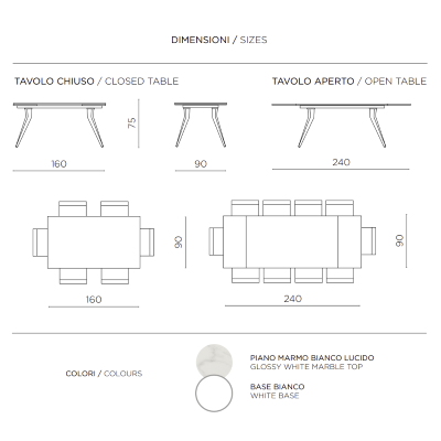 Mesa extensible THOR de 240 cm con base de metal y tapa efecto mármol blanco