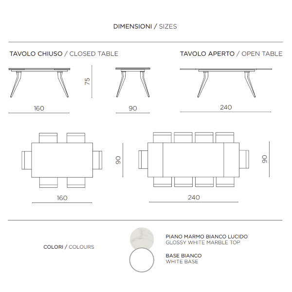 Mesa extensible THOR de 240 cm con base de metal y tapa efecto mármol blanco