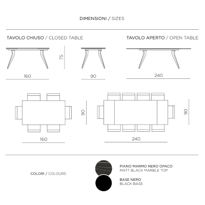 Table extensible THOR 240 cm avec piètement en métal et plateau effet marbre noir