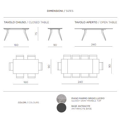 Table extensible THOR 240 cm avec piètement en métal et plateau effet marbre gris