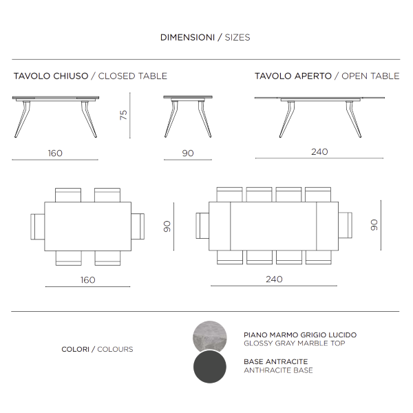 Table extensible THOR 240 cm avec piètement en métal et plateau effet marbre gris