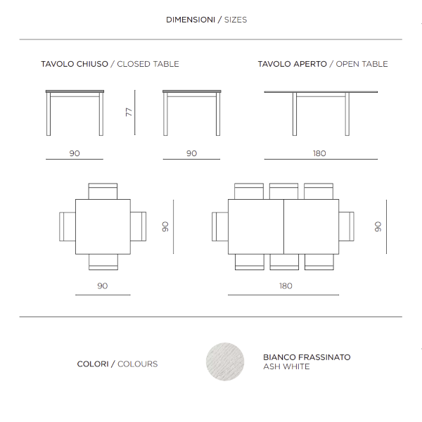 White ash book kitchen table from 90 cm to 180 cm white ash - UGO