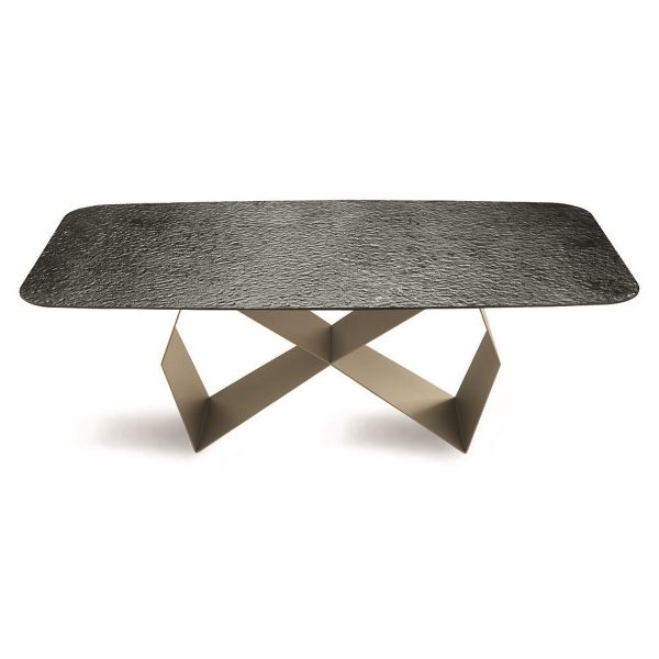 Fester KARL-Tisch, 210 cm, mit beigefarbenem Metallgestell und geräucherter, gehämmerter Glasplatte