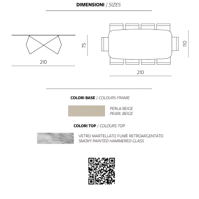 Fester KARL-Tisch, 210 cm, mit beigefarbenem Metallgestell und geräucherter, gehämmerter Glasplatte