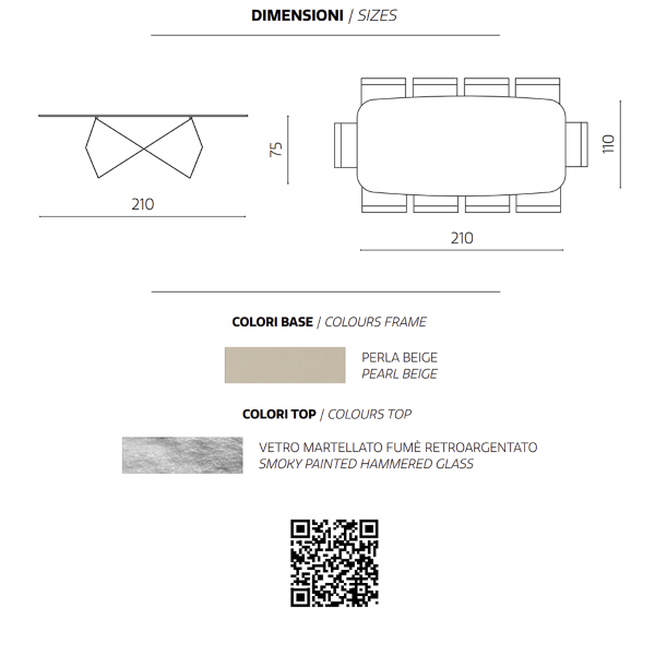 Fester KARL-Tisch, 210 cm, mit beigefarbenem Metallgestell und geräucherter, gehämmerter Glasplatte