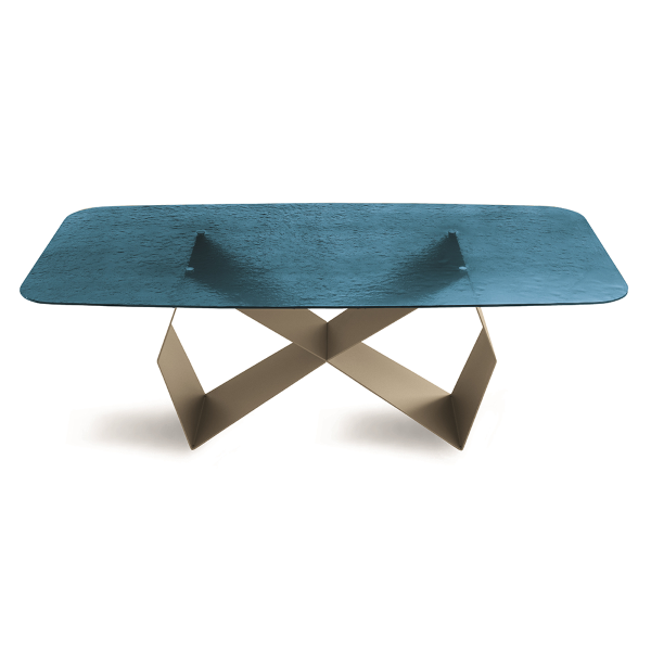 Mesa fija KARL 210 cm con base de metal Beige y tapa de cristal martillado Azul