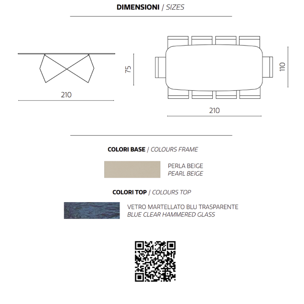 Mesa fija KARL 210 cm con base de metal Beige y tapa de cristal martillado Azul