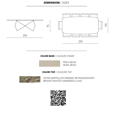 Mesa fija KARL 210 cm con base de metal Beige y tapa de cristal martillado Bronce