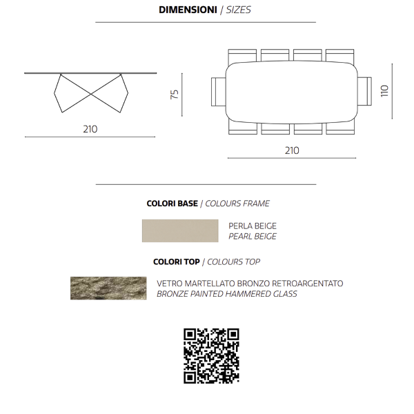 Mesa fija KARL 210 cm con base de metal Beige y tapa de cristal martillado Bronce