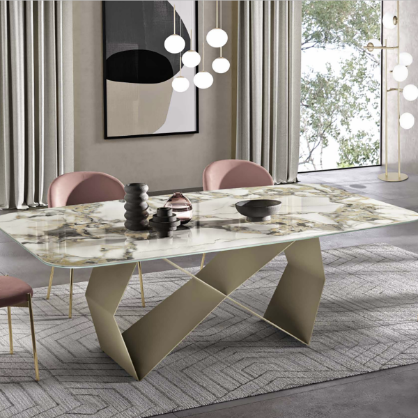 Table fixe 210 cm KARL avec piètement en métal Beige et plateau effet marbre Symphonie Oro