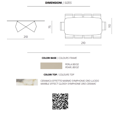 Table fixe 210 cm KARL avec piètement en métal Beige et plateau effet marbre Symphonie Oro