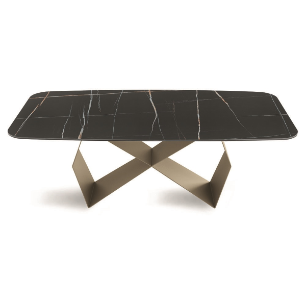 Mesa fija KARL 210 cm con base de metal Beige y tapa efecto mármol Sahara Noir