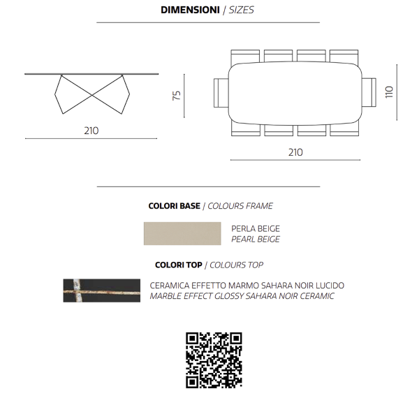 Mesa fija KARL 210 cm con base de metal Beige y tapa efecto mármol Sahara Noir