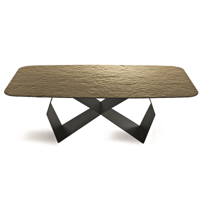 KARL fester Tisch 210 cm mit schwarzem Metallgestell und bronzefarbener gehämmerter Glasplatte