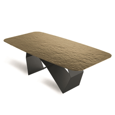 KARL fester Tisch 210 cm mit schwarzem Metallgestell und bronzefarbener gehämmerter Glasplatte