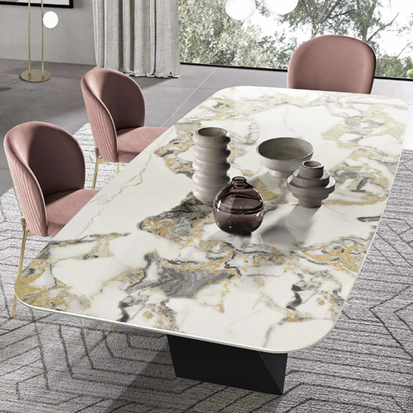 Fixed table 210 cm KARL with Beige metal base and Symphonie Oro marble effect top