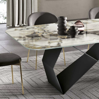 Fixed table 210 cm KARL with Beige metal base and Symphonie Oro marble effect top