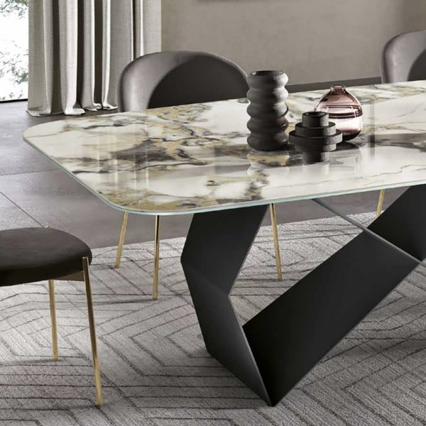 Fixed table 210 cm KARL with Beige metal base and Symphonie Oro marble effect top