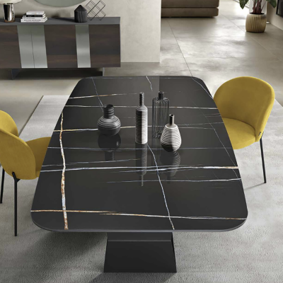 Table fixe KARL 210 cm avec piètement en métal noir et plateau effet marbre Sahara Noir