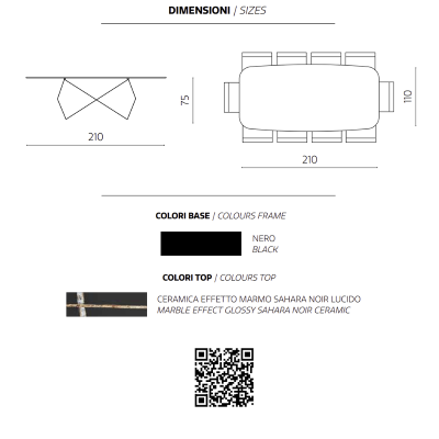 Table fixe KARL 210 cm avec piètement en métal noir et plateau effet marbre Sahara Noir