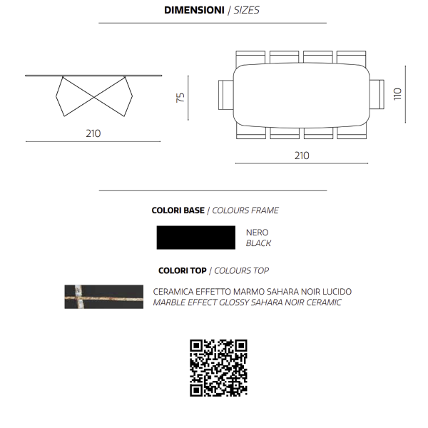Table fixe KARL 210 cm avec piètement en métal noir et plateau effet marbre Sahara Noir