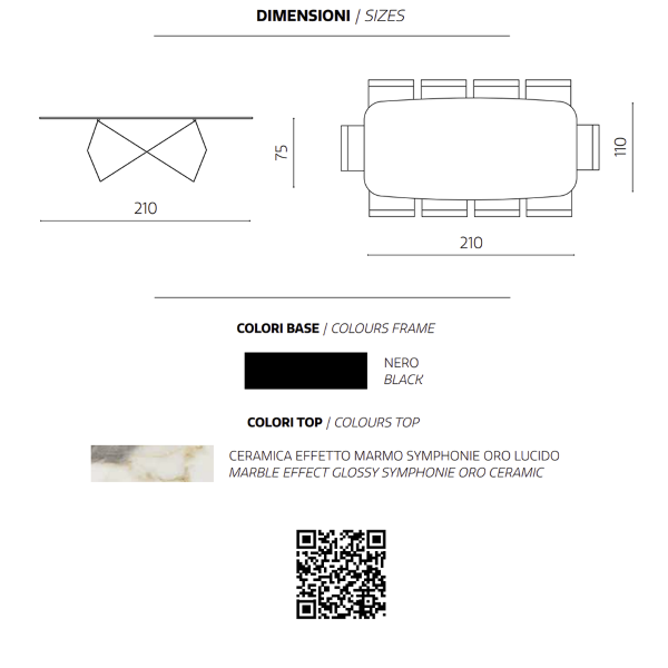 Fixed table 210 cm KARL with Beige metal base and Symphonie Oro marble effect top