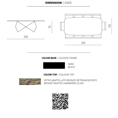 KARL fester Tisch 210 cm mit schwarzem Metallgestell und bronzefarbener gehämmerter Glasplatte