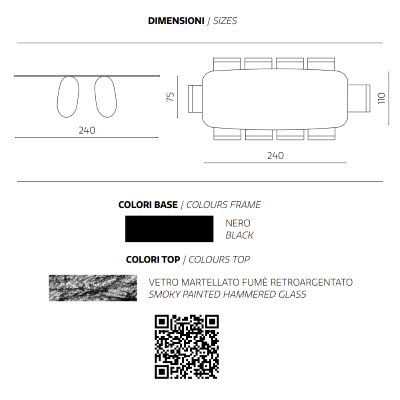 Mesa rectangular MAYA240 con base de metal negro y tapa de cristal ahumado