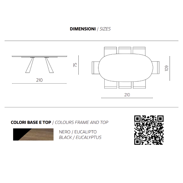 Fester Tisch TOKYO 210 cm mit schwarzem Metallgestell und Eukalyptusplatte