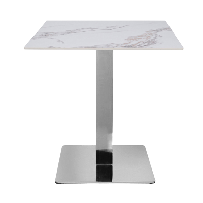 Table de bar 70x70 cm avec plateau extérieur effet marbre doré et piètement argent H 75