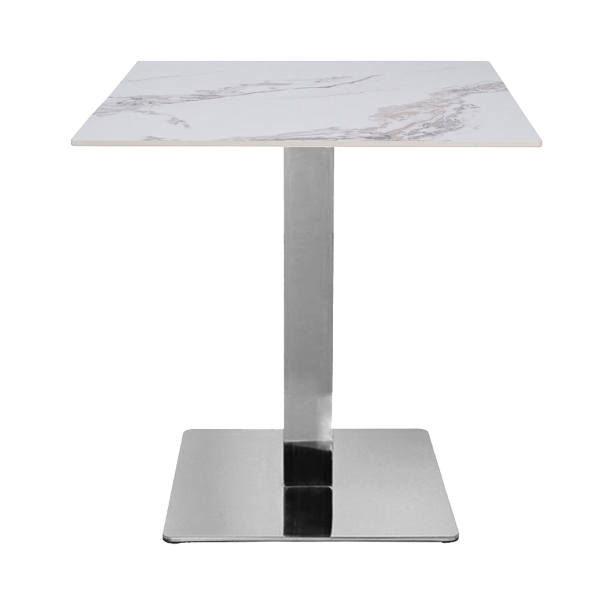 Table de bar 70x70 cm avec plateau extérieur effet marbre doré et piètement argent H 75