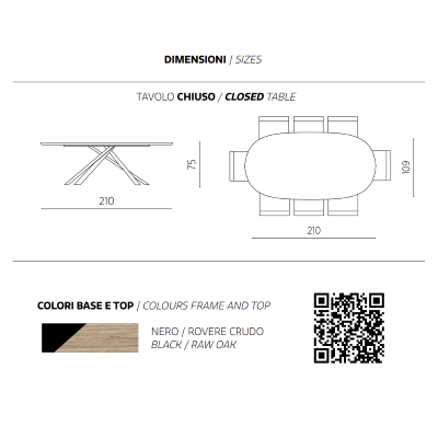 Fester ovaler Tisch mit roher Eichenplatte 210 cm RON