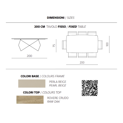 WALL Fester 200-cm-Tisch mit beigefarbenem Metallgestell und roher Eichenplatte